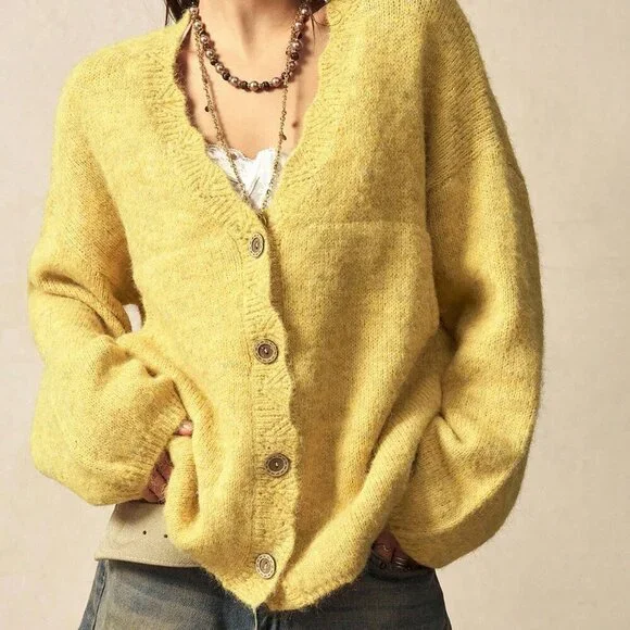 yellow Casual Women's Loose Drop Shoulder Button Front knit Cardigan - Picture 3 of 8
